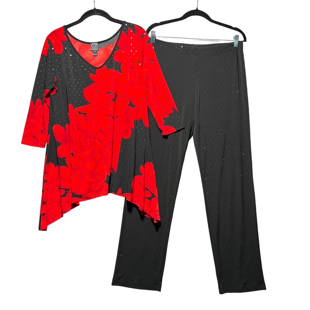 Clara Sunwoo 2pc Floral Sparkle Tunic and Pant Set Red Black M L Made in USA